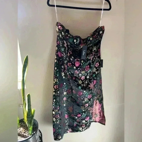 NWT LULUS Make a Move Black Satin Floral Jacquard Strapless Midi Dress - Picture 7 of 8